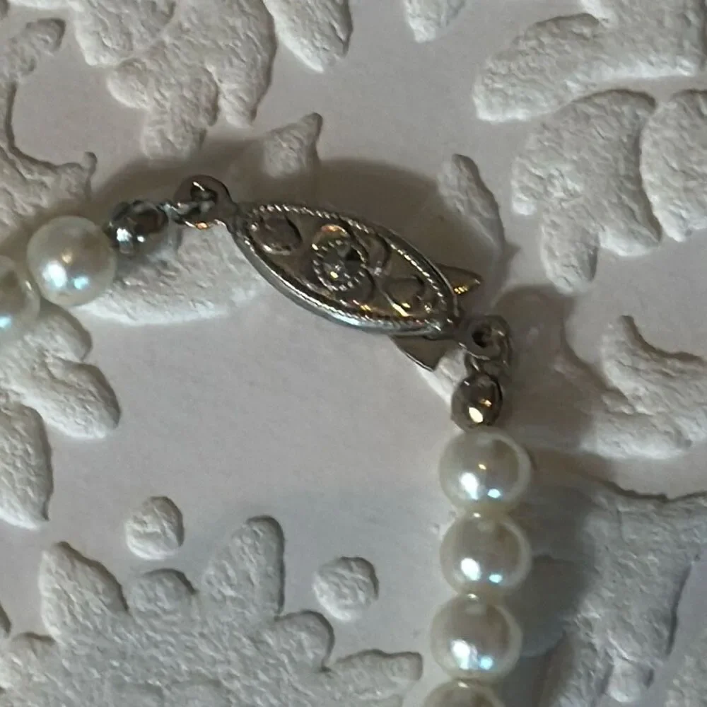 Vintage Art Deco Glass Pearl Choker‎ Necklace With Faceted Clear Crystals 15”
